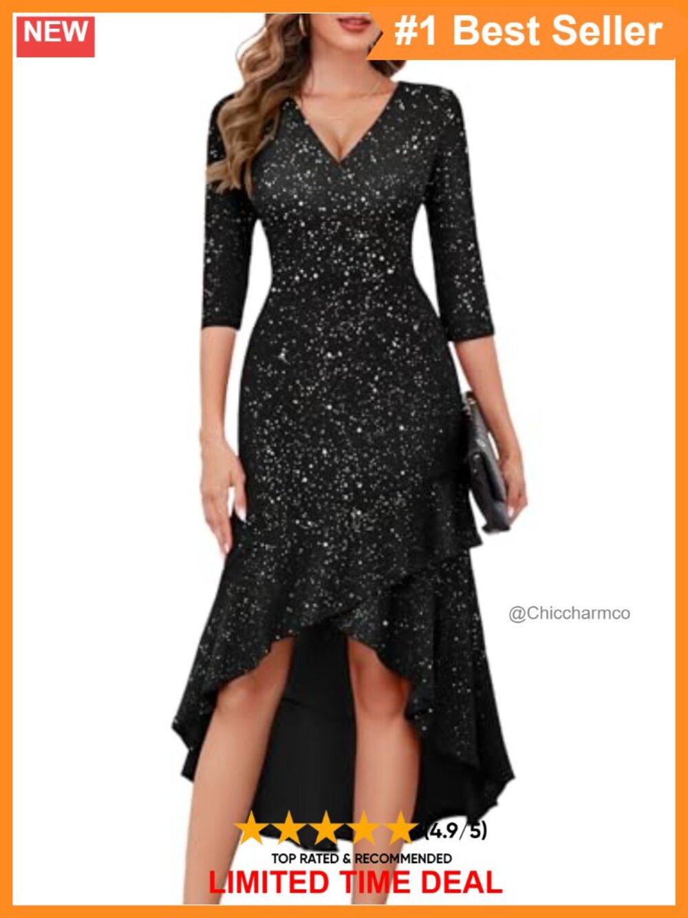 Sequin V Neck 3/4 Sleeve High Low Formal Wedding Guest Dress